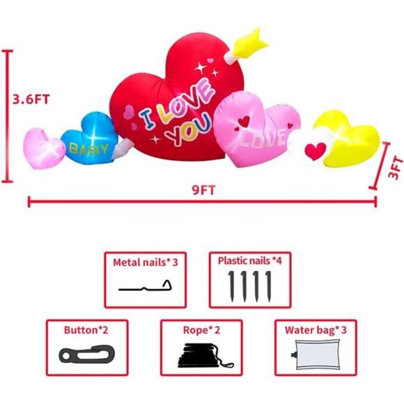 9FT Long Valentines Day Inflatables Blow Up Inflatable Hearts with LED Lights
